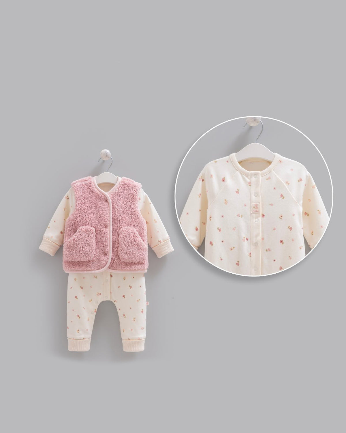 Caramell 2-Pieces Floral Cream Jumpsuit, With a Pink Fleece Vest