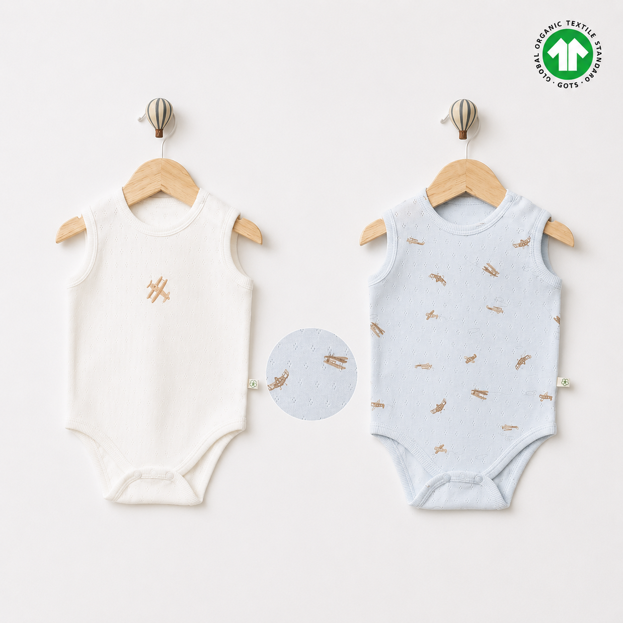Biorganic Set of 2 White and Blue Sleeveless Bodysuits