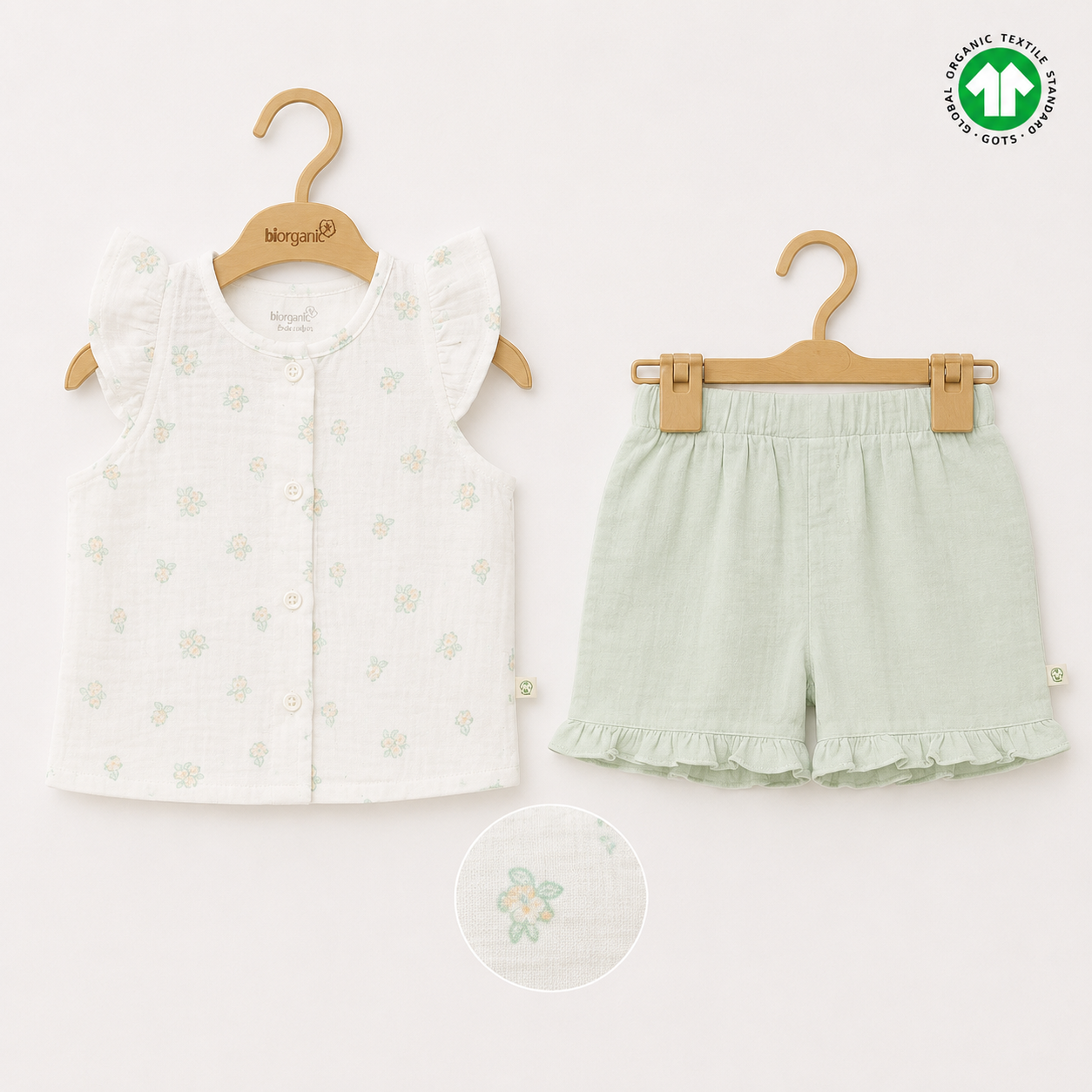 Biorganic Mint and White Girl Shorts Set