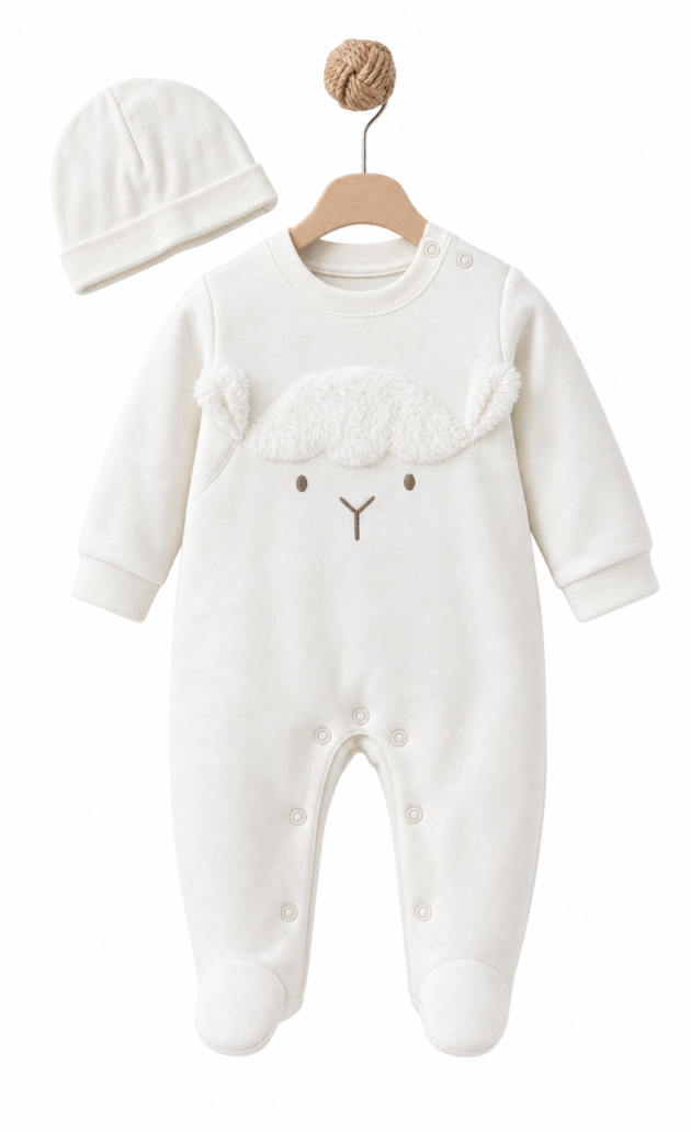 BabyCosy White Cotton Lamb Footed Romper with Hat, GOTS Certified Organic Cotton