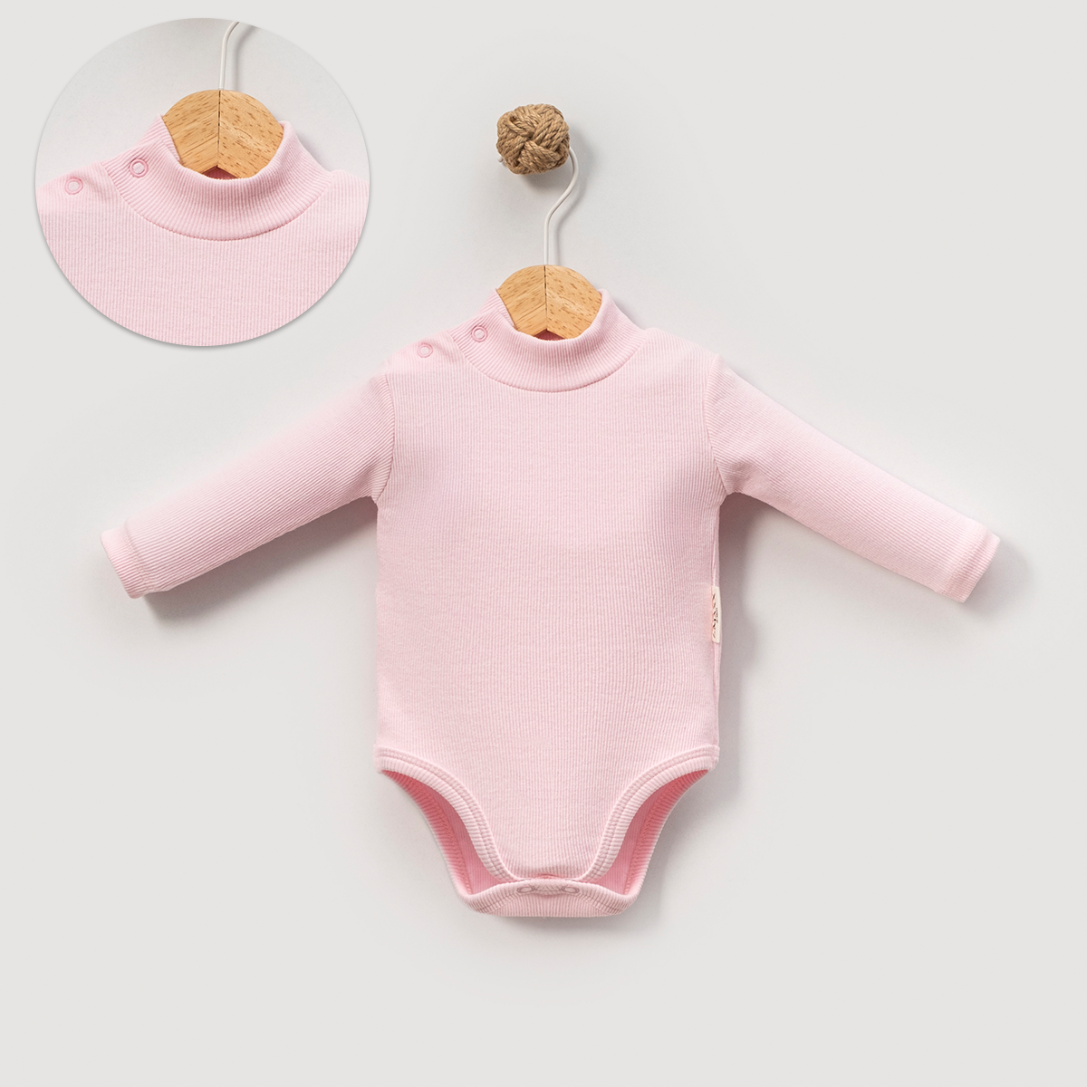 Baby Pink Ribbed High-Neck Long-Sleeve Bodysuit, 100% Cotton
