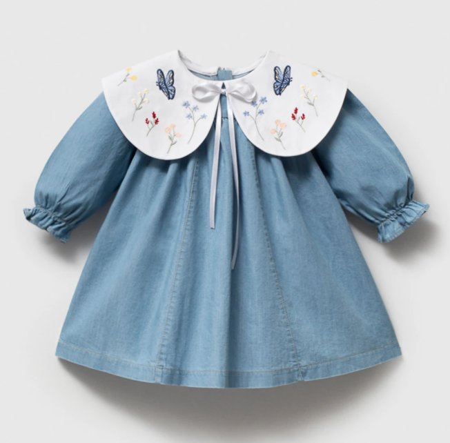 NoyNoy Girl Denim Dress with Collar Embroidery
