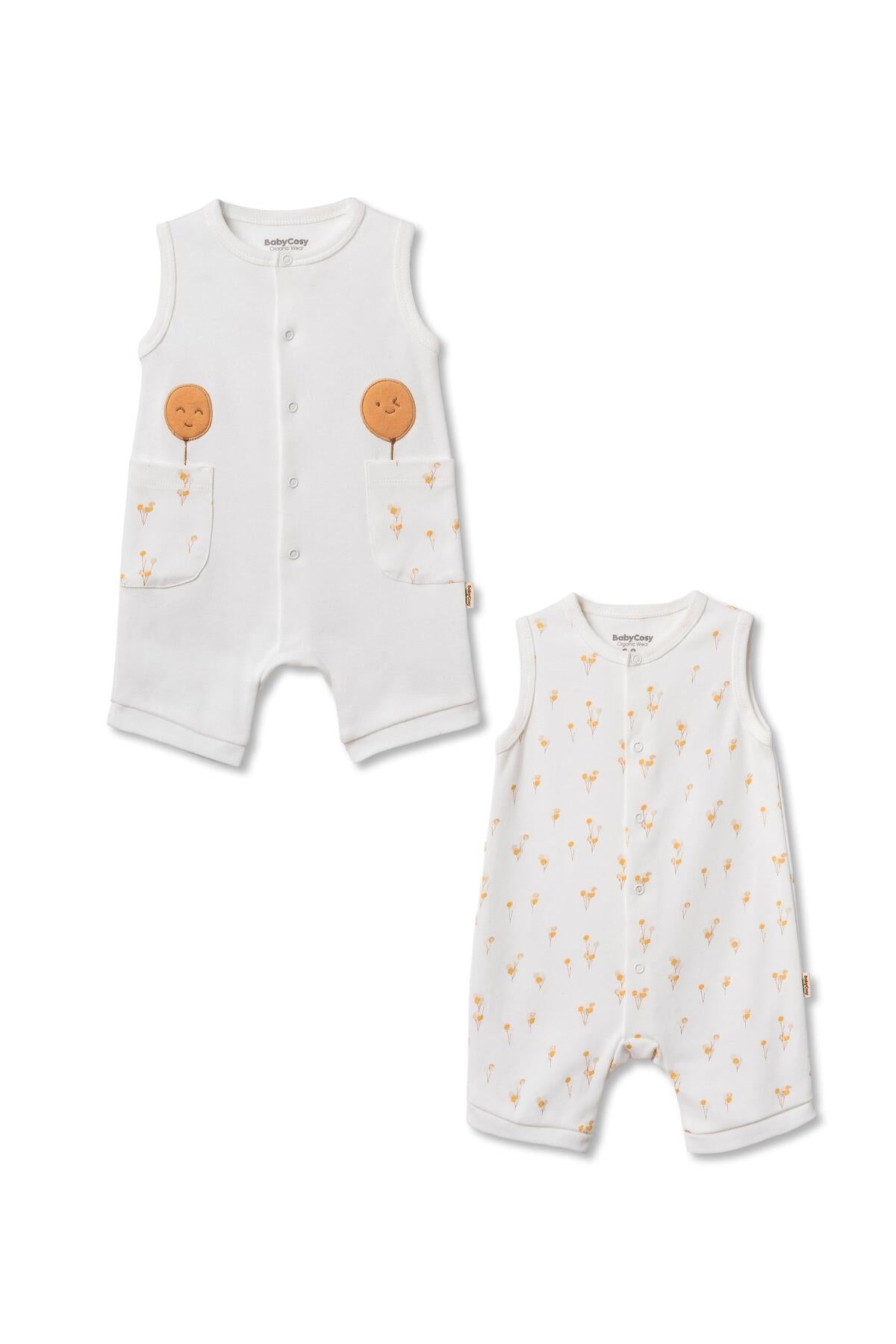 BabyCosy Set of 2 White Sleeveless Girl Rompers, 100% Organic Cotton