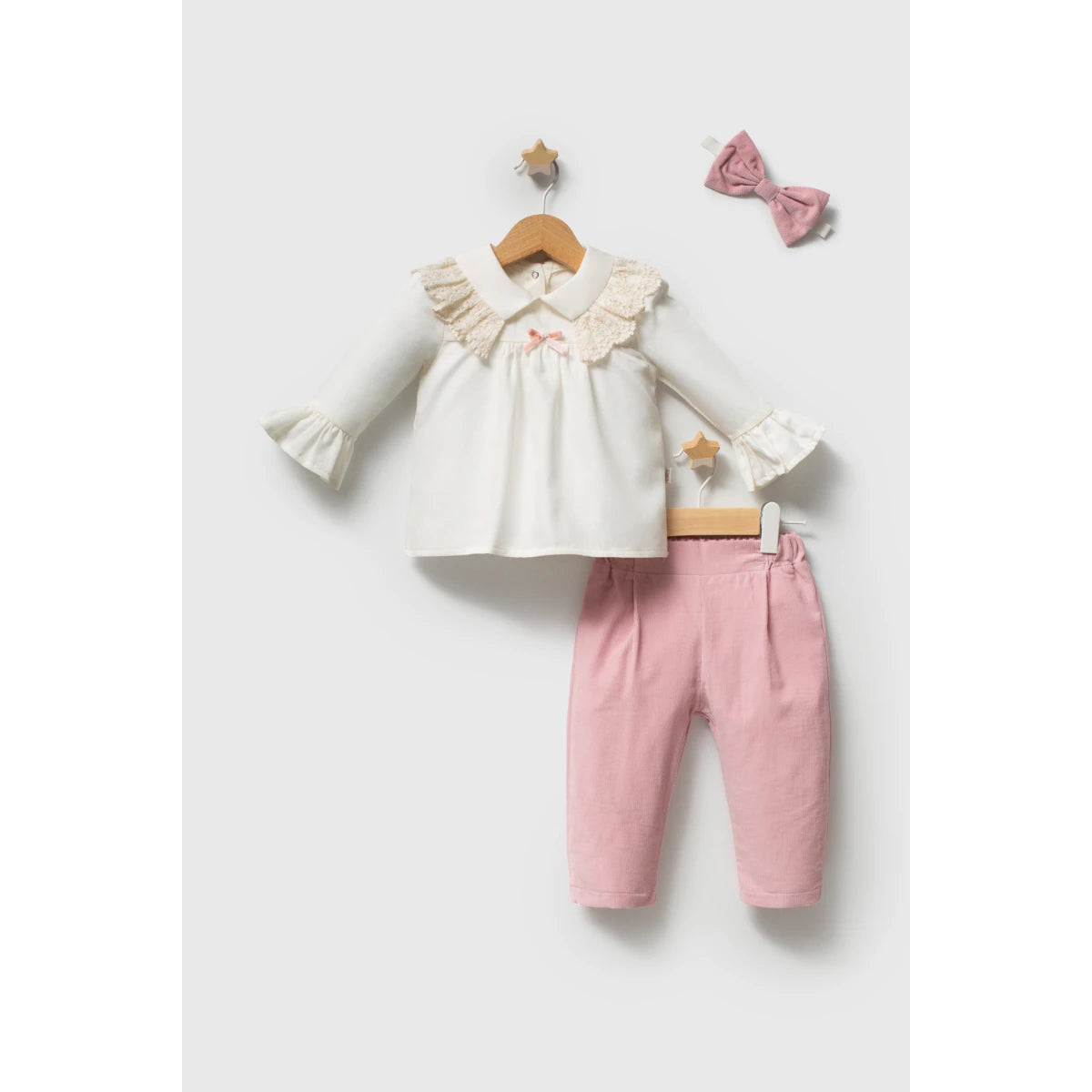 TONGS Baby Girl Cream & Pink 3-Piece Set with Head Band