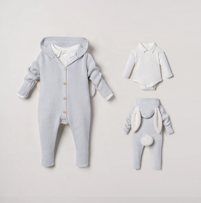 NIPPERLAND Light Blue 2-Pieces Footed Jumpsuit with Bunny Ears and Pompom