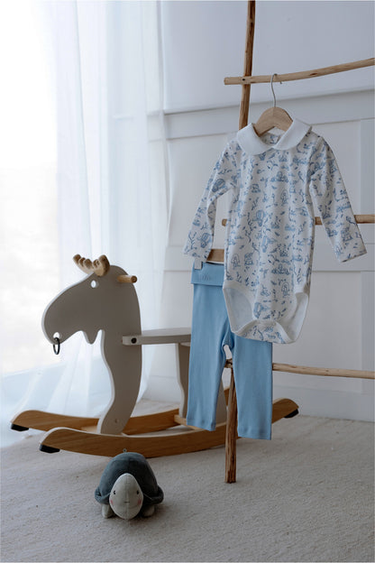 Atelier Babbi 2-Pieces Bodysuit and Pants Set-Toile De Jouy / Blue, 100% Cotton