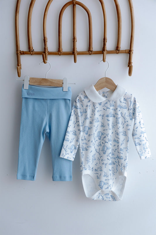 Atelier Babbi 2-Pieces Bodysuit and Pants Set-Toile De Jouy / Blue, 100% Cotton