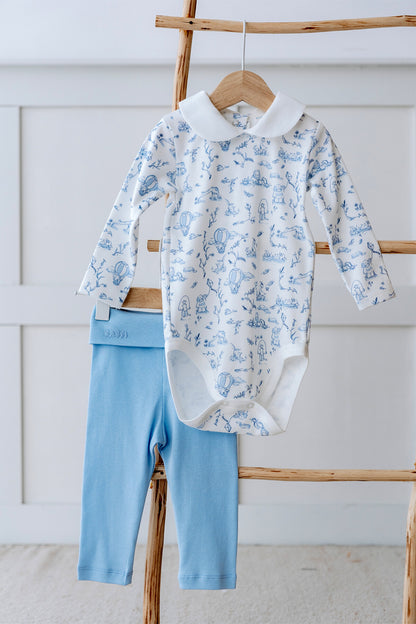 Atelier Babbi 2-Pieces Bodysuit and Pants Set-Toile De Jouy / Blue, 100% Cotton