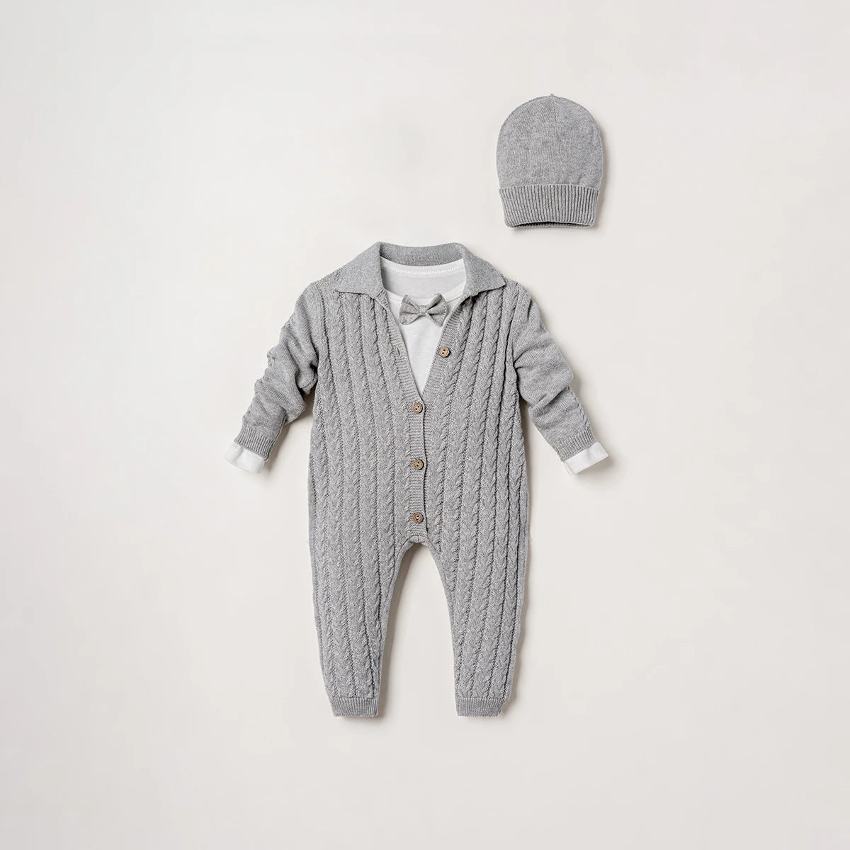 NIPPERLAND Gray Knitted Romper with Bodysuit and Hat