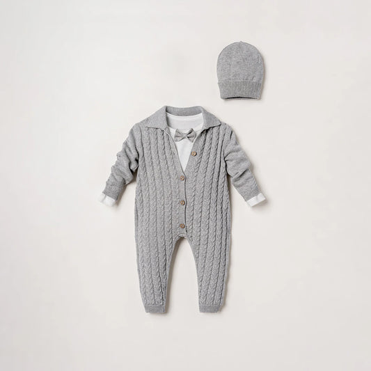 NIPPERLAND Gray Knitted Romper with Bodysuit and Hat