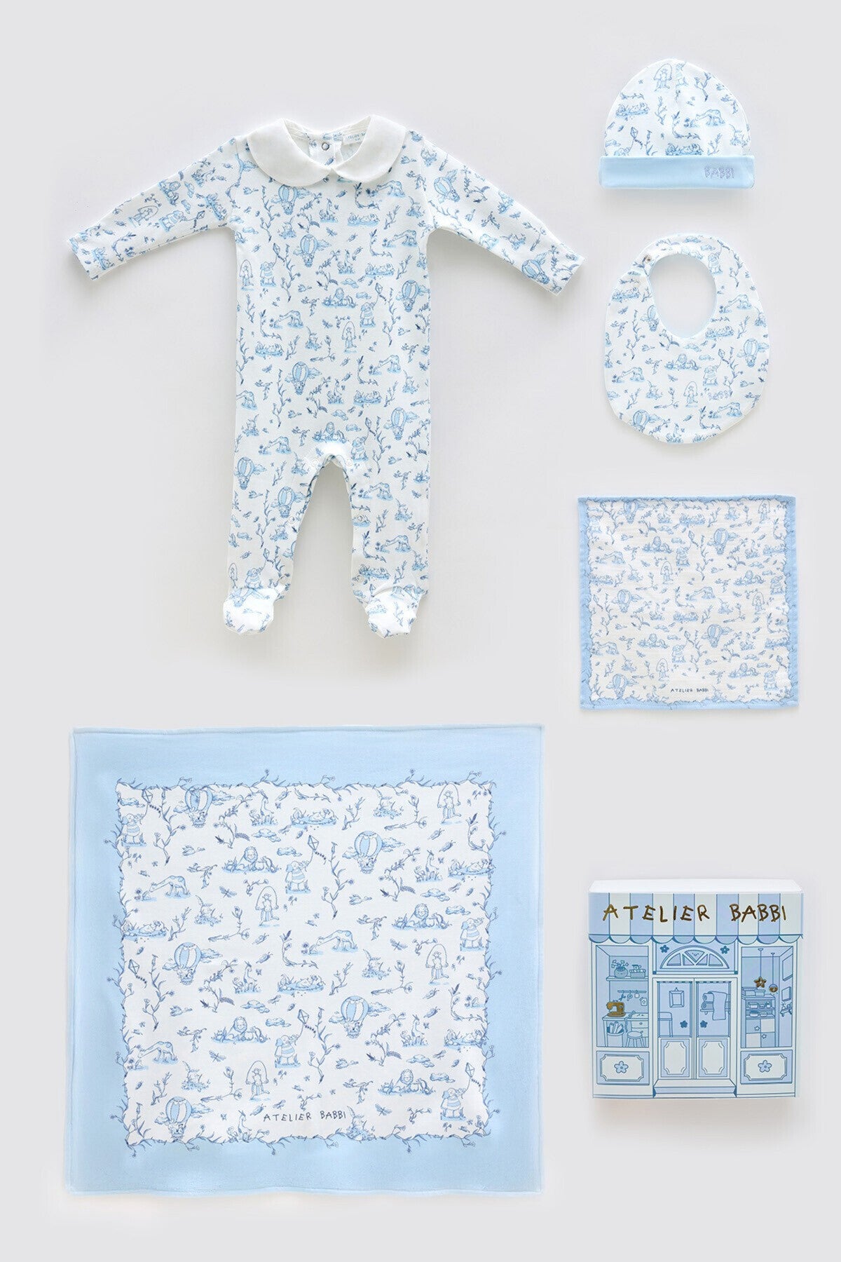 Atelier Babbi Newborn Set 5-Pieces - Toile De Joury / Blue, 100% Cotton