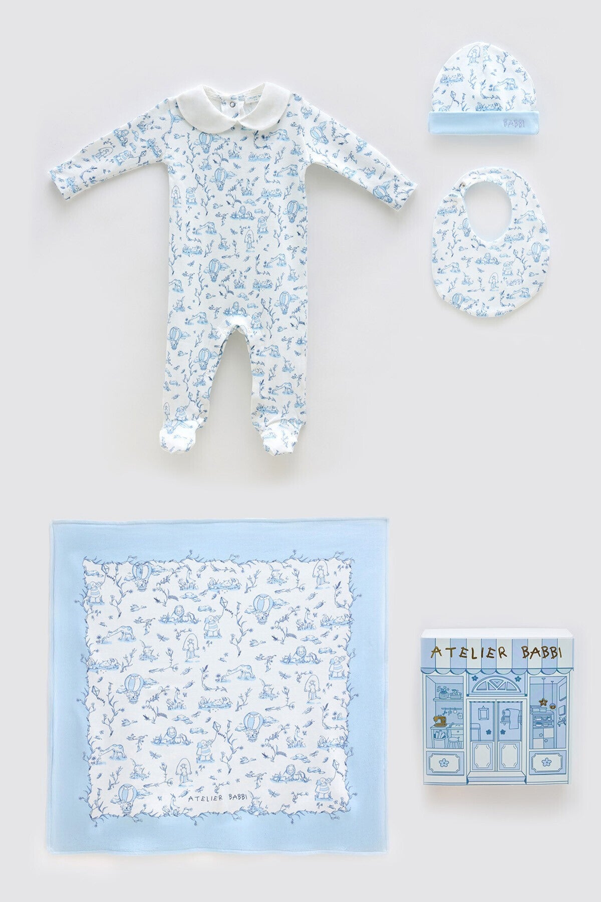 Atelier Babbi Newborn Set 4-Pieces - Toile De Joury / Blue, 100% Cotton