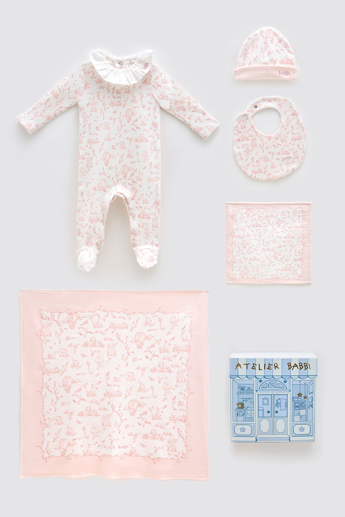 Atelier Babbi Newborn Set (5 Piece) - Toile De Jouy/Pink, 100% Cotton