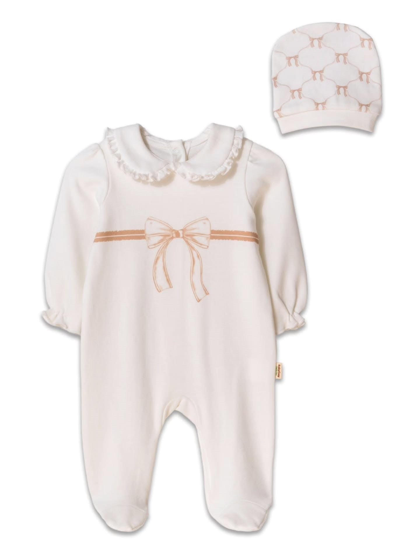 BabyCosy Pink Bow Footed Overall and Hat Set, 100% Organic Cotton