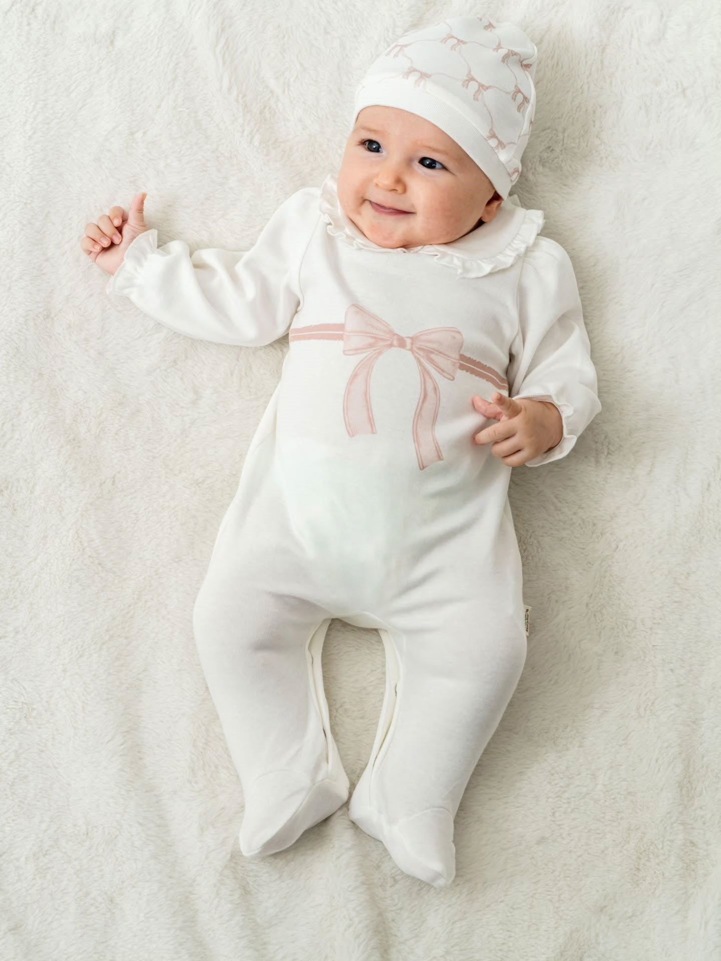 BabyCosy Pink Bow Footed Overall and Hat Set, 100% Organic Cotton