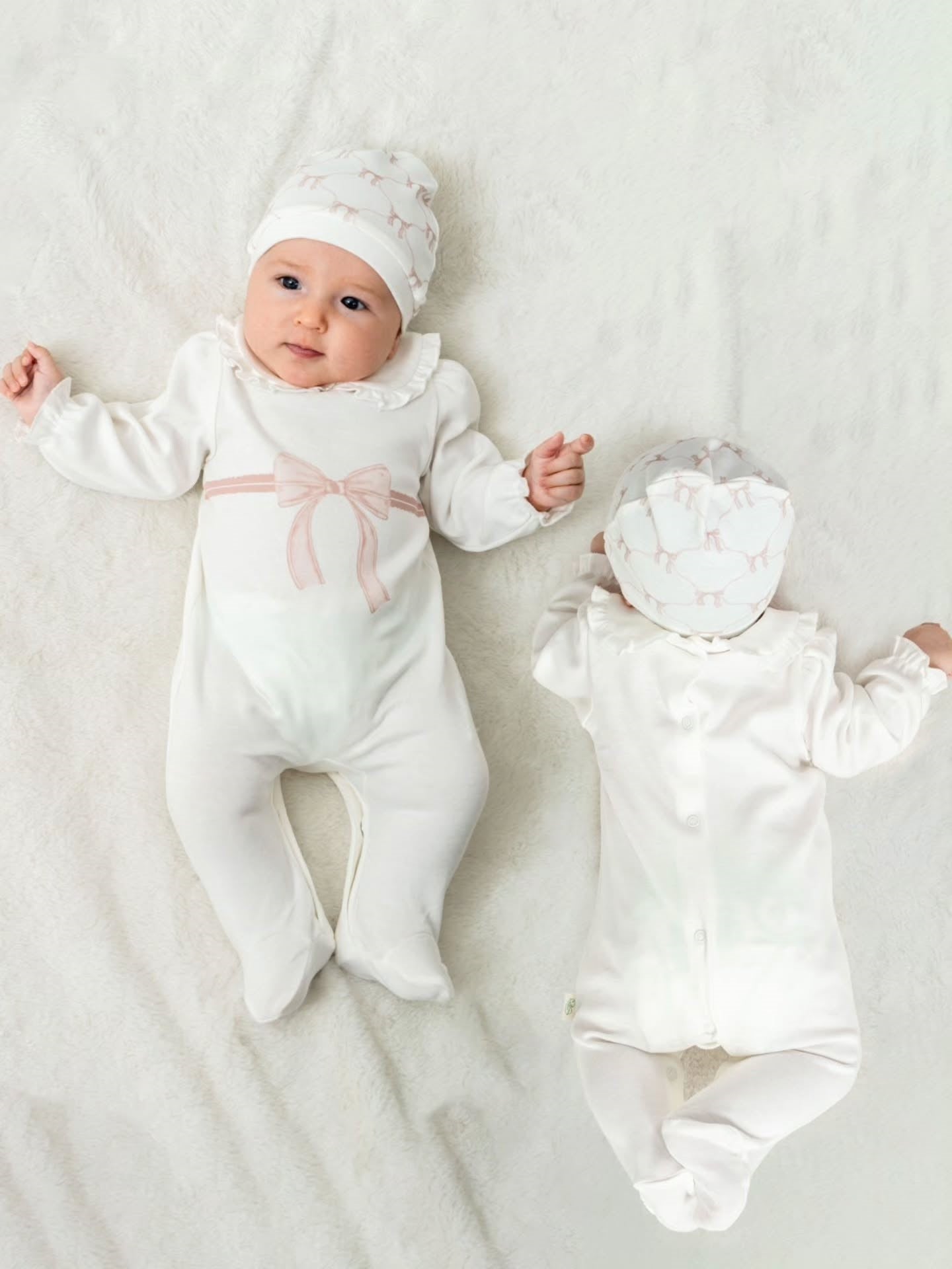 BabyCosy Pink Bow Footed Overall and Hat Set, 100% Organic Cotton