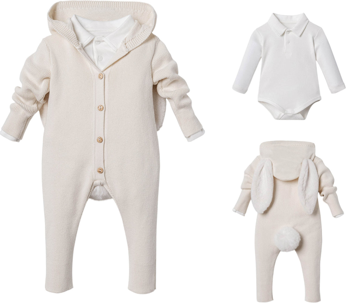 NIPPERLAND Unisex 2-Pieces Footed Jumpsuit with Bunny Ears and Pompom