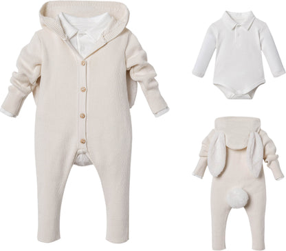 NIPPERLAND Unisex 2-Pieces Footed Jumpsuit with Bunny Ears and Pompom