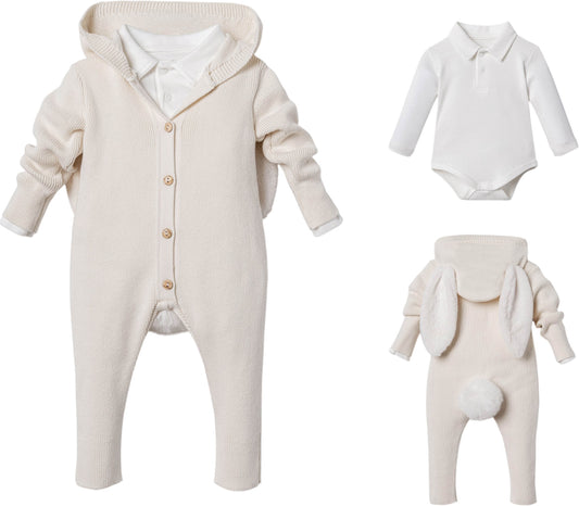 NIPPERLAND Unisex 2-Pieces Footed Jumpsuit with Bunny Ears and Pompom