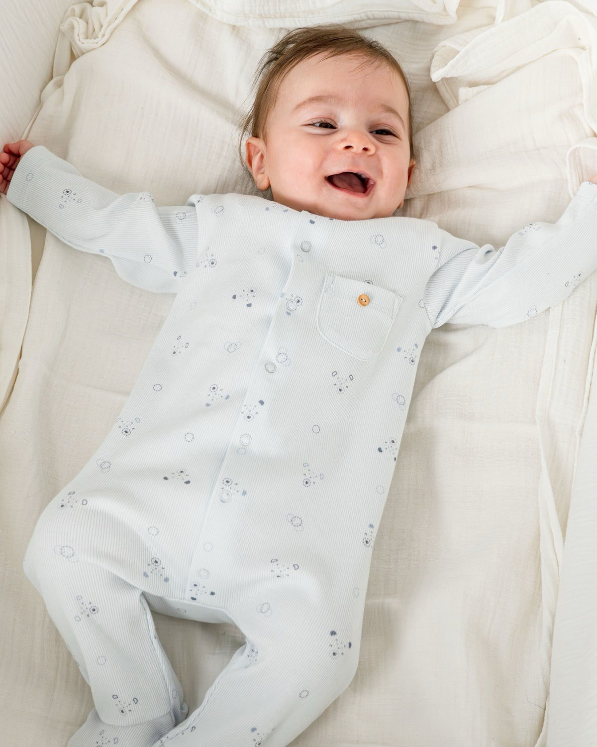 Caramell Soft Blue Footed Romper, 100% Organic Cotton