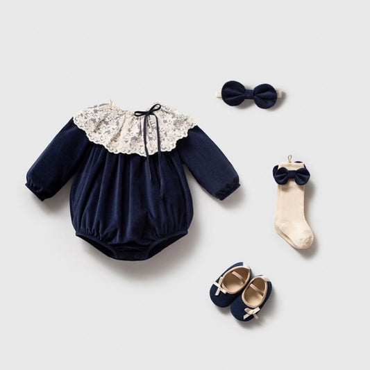 NoyNoy Baby Navy Blue Velvet 4-Pieces Romper Set