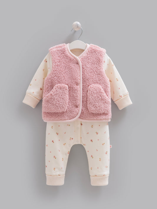 Caramell 2-Pieces Floral Cream Jumpsuit, With a Pink Fleece Vest