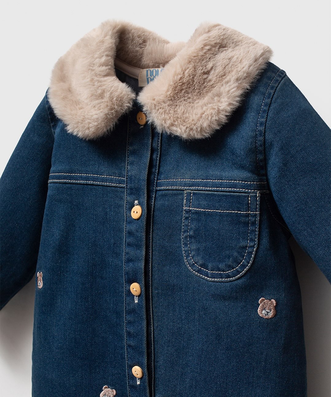 NOYNOY 2-Pieces Baby Plush Collar Teddy Bear Embroidered Denim Romper and Hat Set