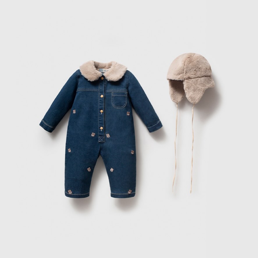 NOYNOY 2-Pieces Baby Plush Collar Teddy Bear Embroidered Denim Romper and Hat Set