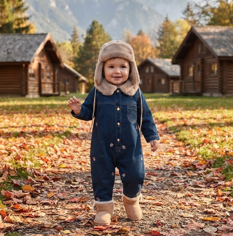NOYNOY 2-Pieces Baby Plush Collar Teddy Bear Embroidered Denim Romper and Hat Set