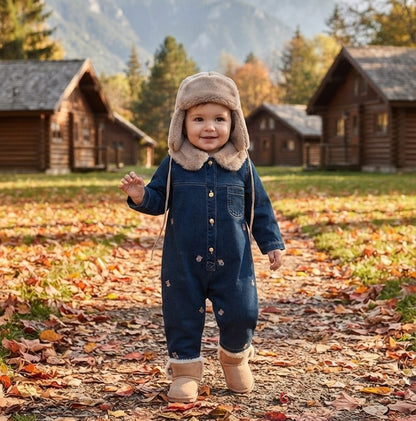 NOYNOY 2-Pieces Baby Plush Collar Teddy Bear Embroidered Denim Romper and Hat Set