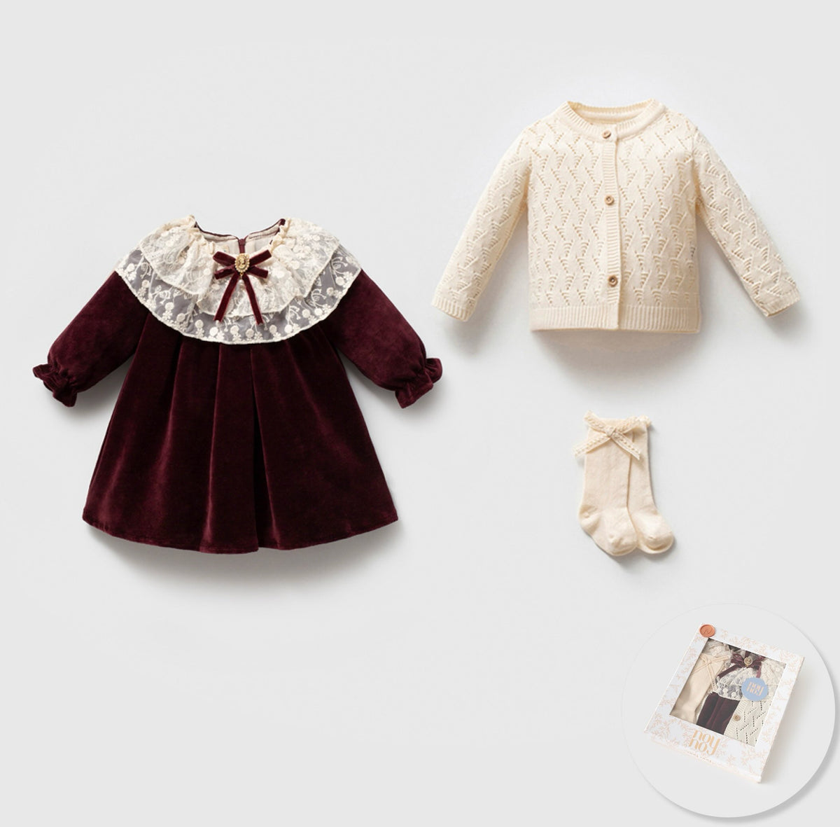 NoyNoy Bordo Velvet 3-Pieces Dress Set with Box