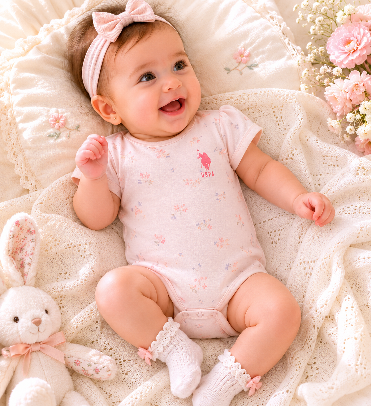 U.S. Polo Assn. Baby Girl Pink Bodysuit Set of 3