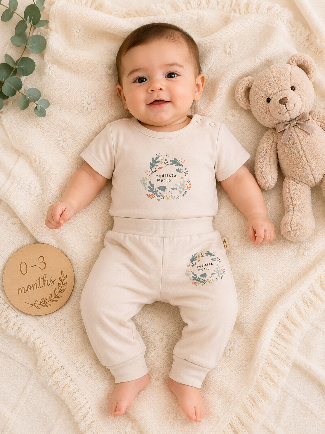 BabyCosy 2 Pieces Beige Bodysuit Set, GOTS Certified Organic Cotton