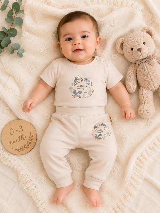 طقم بدلة نوم من قطعتين للأطفال من BabyCosy، لون بيج، قطن عضوي معتمد من GOTS