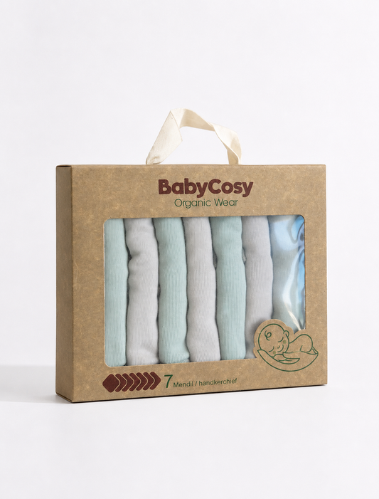 عبوة BabyCosy من 7 مناديل وجه مشكلة 25×25 سم، قطن عضوي معتمد من GOTS