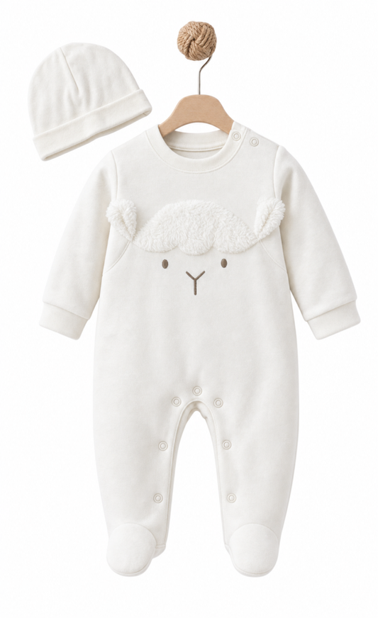 BabyCosy White Cotton Lamb Footed Romper with Hat, GOTS Certified Organic Cotton