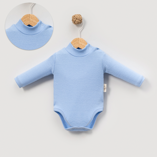 Baby Blue Ribbed High-Neck Long-Sleeve Bodysuit, 100% Cotton