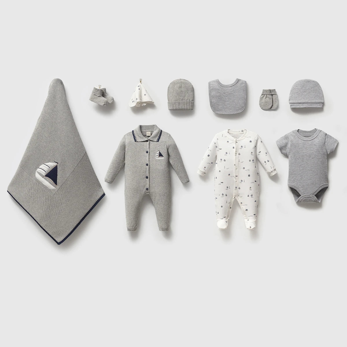 NIPPERLAND Newborn Baby Boy 10-Pieces Set in Grey & White