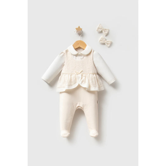 TONGS Baby Girl Cream Color Lace Jumpsuit with Hair Accessories