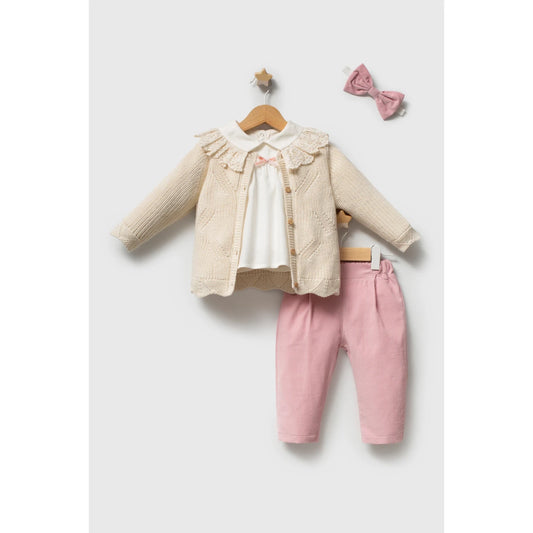 TONGS Baby Girl Cream & Pink 3-Piece Set with Head Band