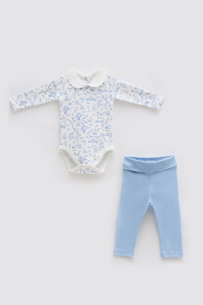 Atelier Babbi 2-Pieces Bodysuit and Pants Set-Toile De Jouy / Blue, 100% Cotton