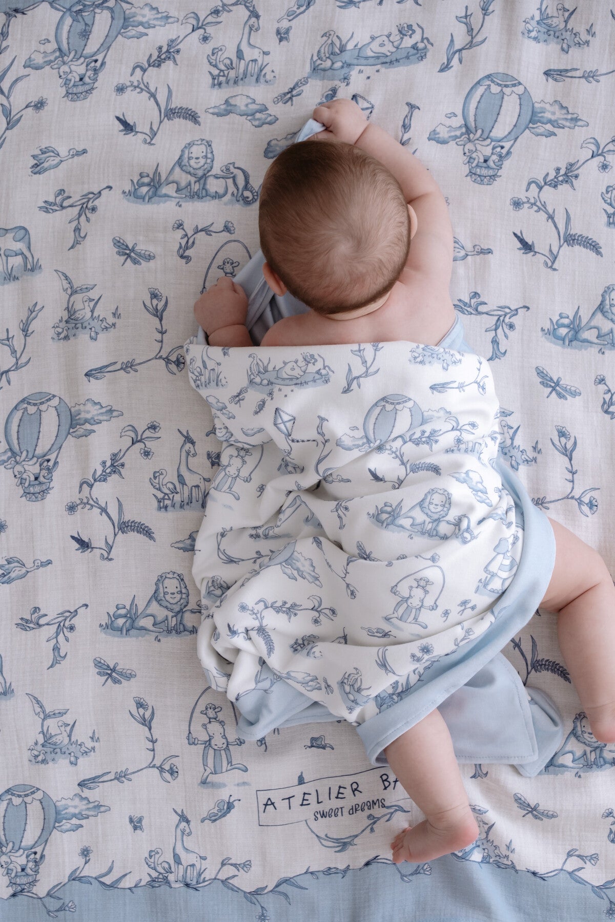 Atelier Babbi Double Sided Cotton Baby Blanket - Toile De Jouy / Blue, 100% Cotton