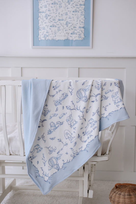 Atelier Babbi Double Sided Cotton Baby Blanket - Toile De Jouy / Blue, 100% Cotton