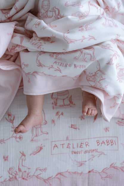 Atelier Babbi Double Sided Cotton Baby Blanket - Toile De Jouy / Pink, 100% Cotton