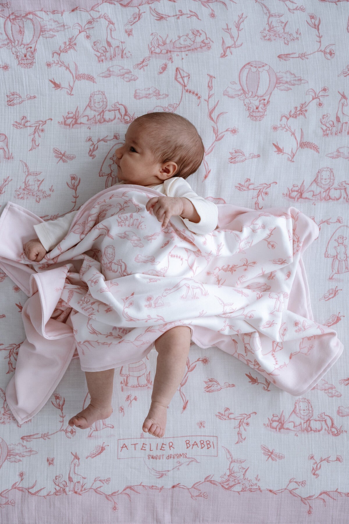 Atelier Babbi Double Sided Cotton Baby Blanket - Toile De Jouy / Pink, 100% Cotton