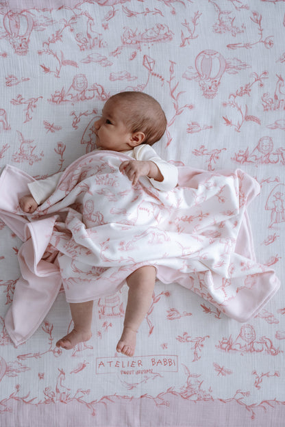 Atelier Babbi Double Sided Cotton Baby Blanket - Toile De Jouy / Pink, 100% Cotton