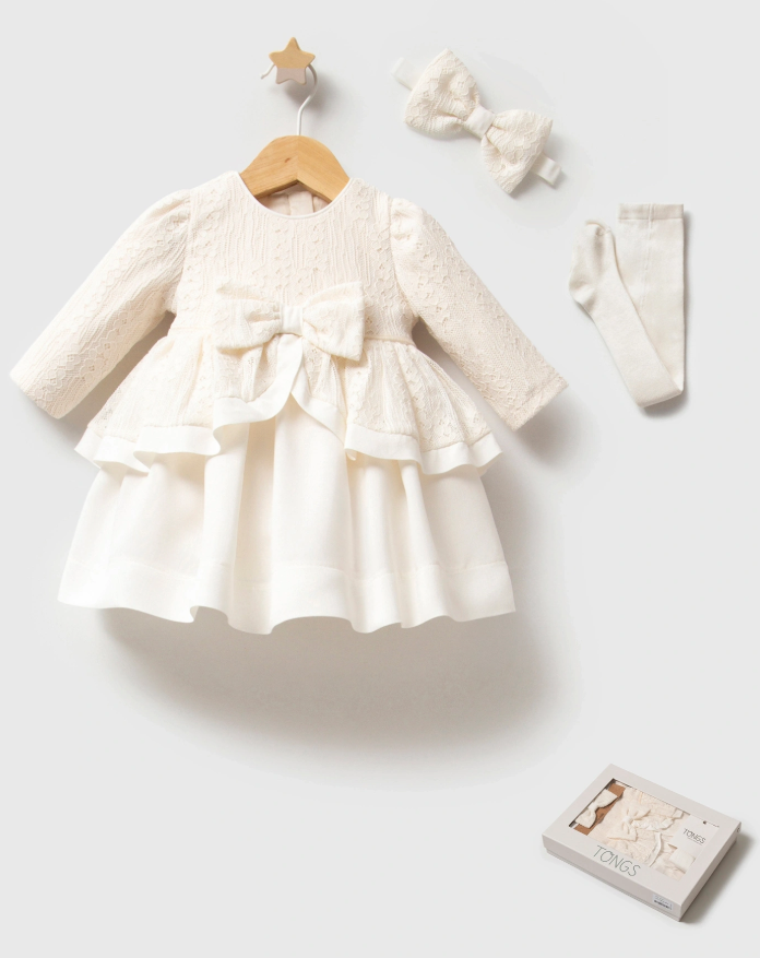TONGS Newborn Baby Girl Creamy 3-pieces Lace Dress