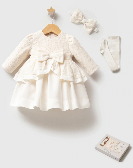TONGS Newborn Baby Girl Creamy 3-pieces Lace Dress