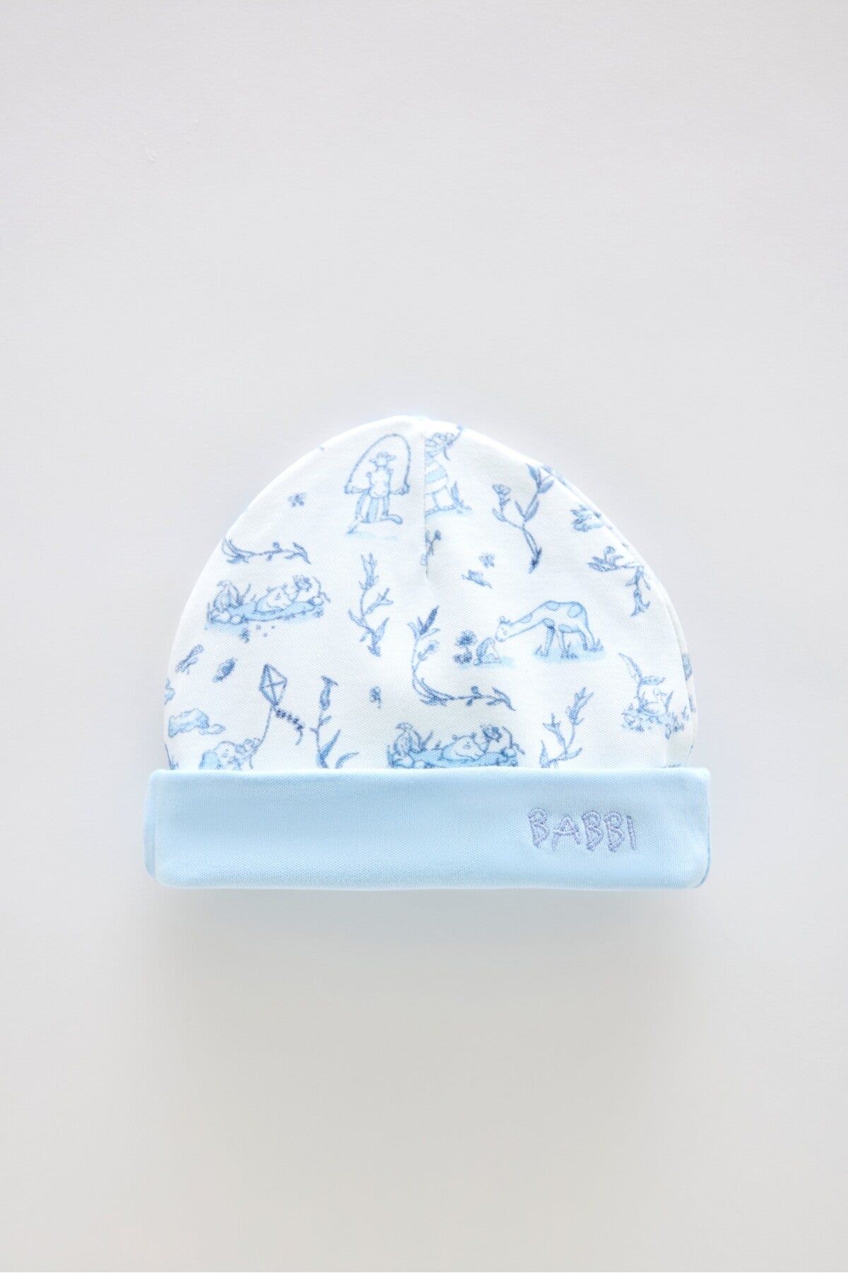 Atelier Babbi Newborn Bib & Hat Set - Toile De Jouy / Blue, 100% Cotton