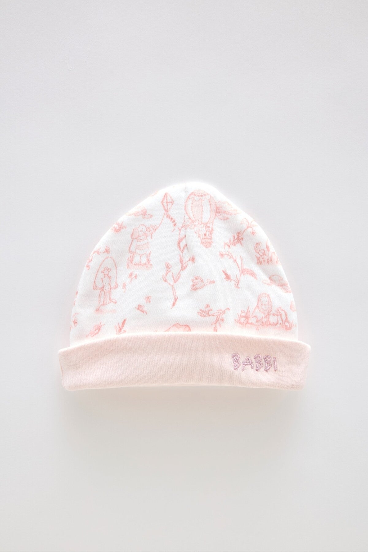 Atelier Babbi Newborn Bib & Hat Set - Toile De Jouy / Pink, 100% Cotton